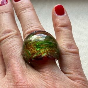 Green and Gold GLASS Dome Statement Ring - Women Jewelry
